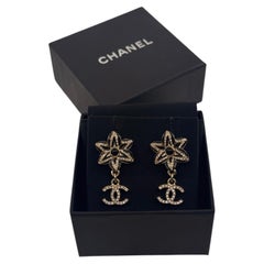 CHANEL Gold and Black Camellia Crystal Dangle Earrings with CC Charm