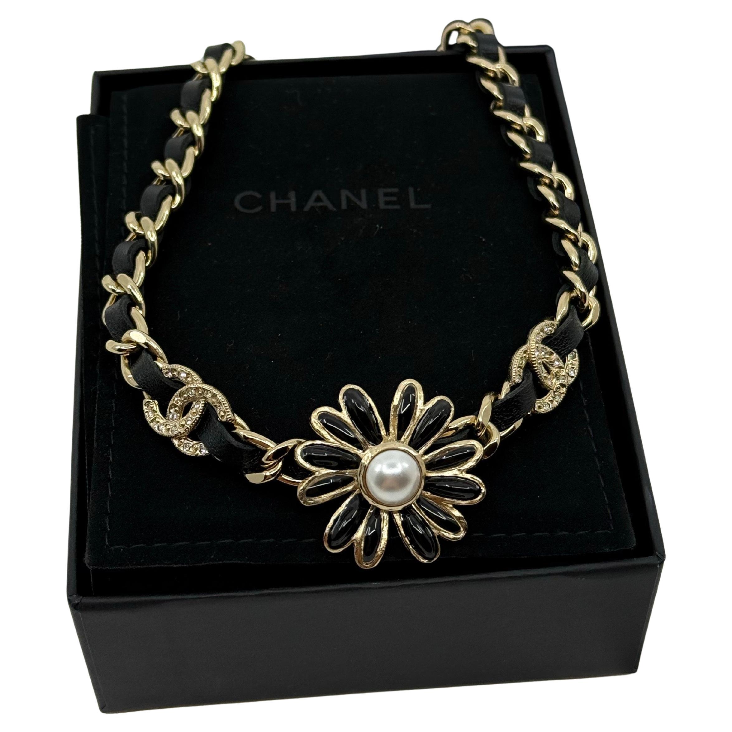 CHANEL Gold and Black Crystal CC Daisy Leather Choker Necklace