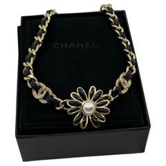 CHANEL Gold and Black Crystal CC Daisy Leather Choker Necklace