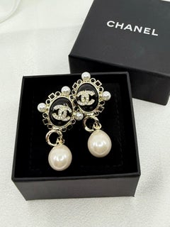 CHANEL Gold and Black Crystal CC Faux Pearl Dangle Earrings