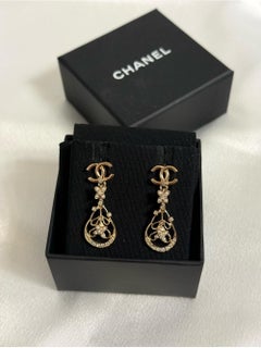 CHANEL Gold and Cream Pearl Crystal CC Flower Drop Earrings