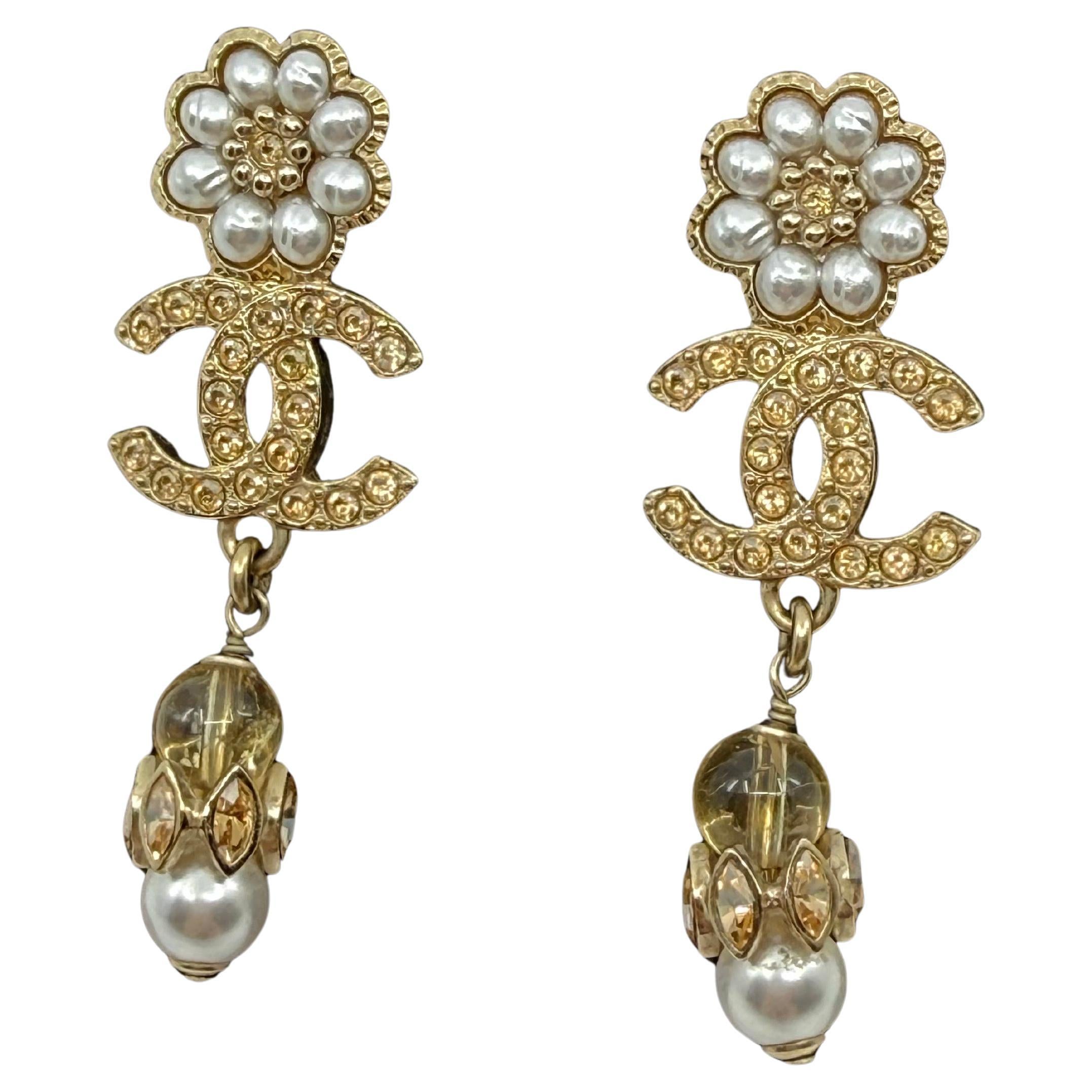 CHANEL Gold and Cream Pearl Crystal CC Flower Drop Earrings For Sale