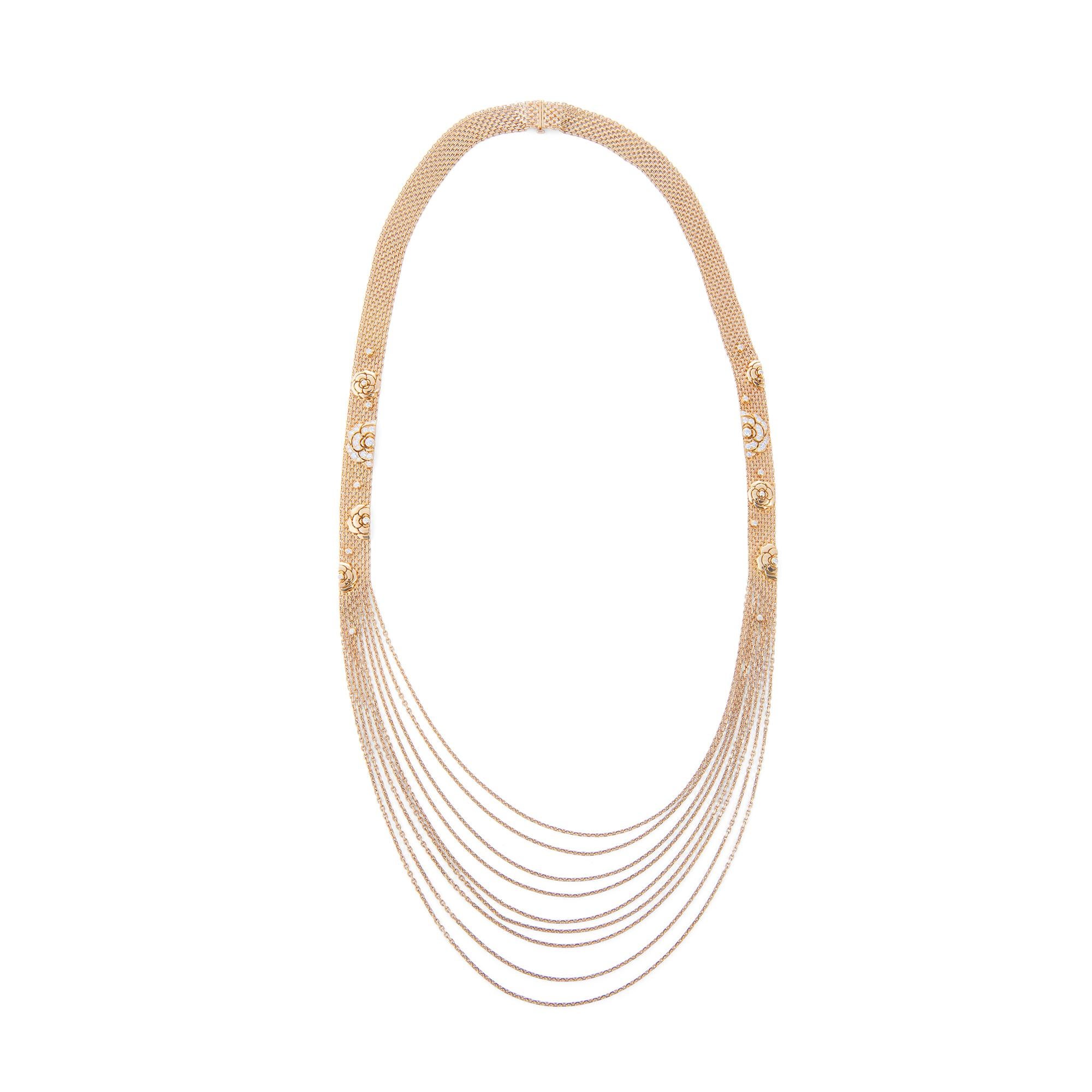 Round Cut Chanel Gold and Diamond Camellia Multi Strand Flapper Necklace