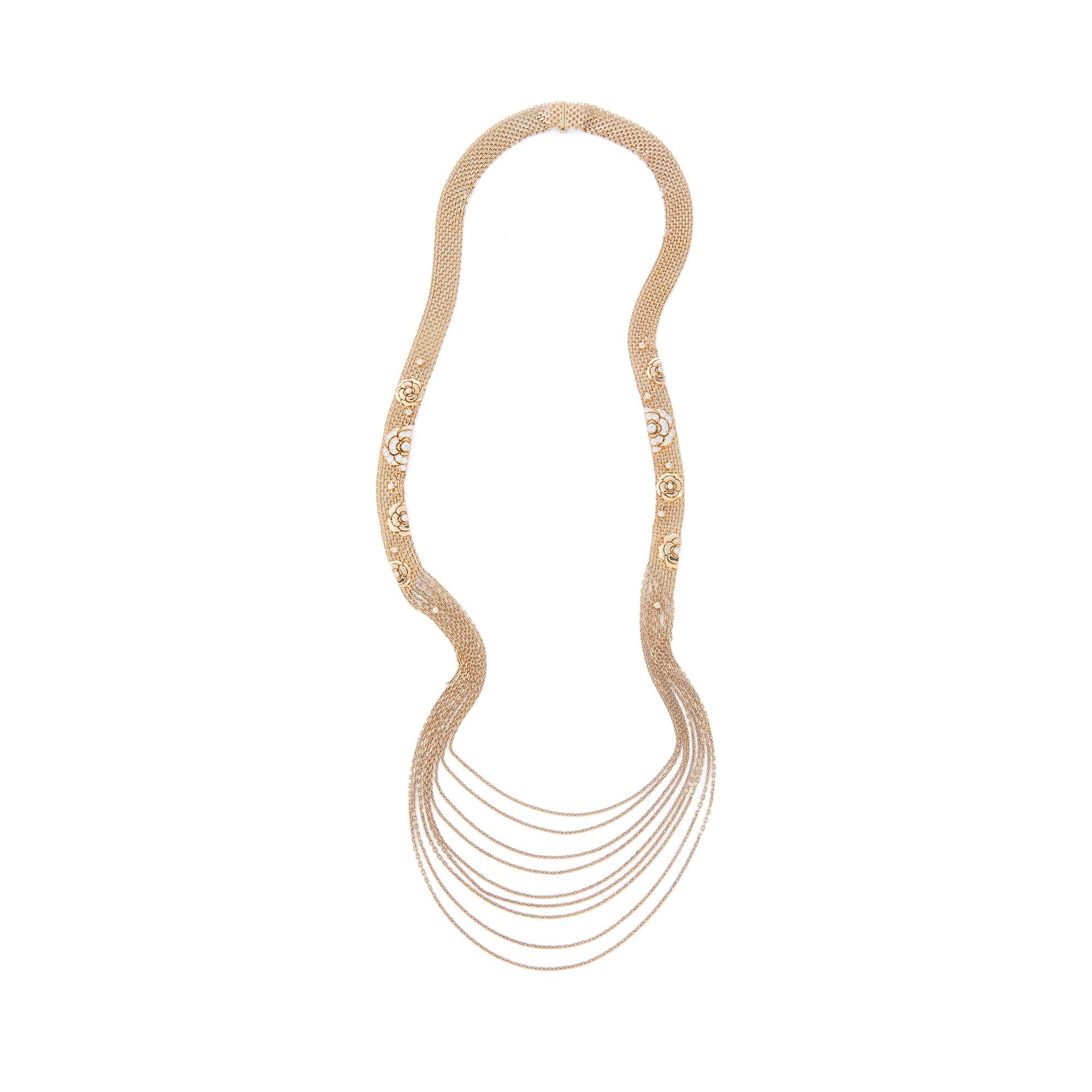 Chanel Gold and Diamond Camellia Multi Strand Flapper Necklace In Excellent Condition In New York, NY
