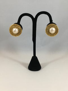 Chanel Gold and Pearl Clip-On Earrings in Box 1980s