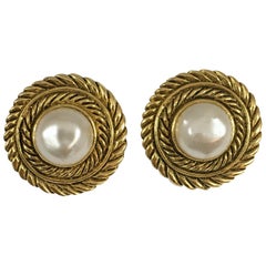 Vintage Chanel Gold and Pearl Clip-On Earrings in Box 1980s