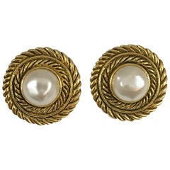 Chanel Gold and Pearl Clip-On Earrings in Box 1980s