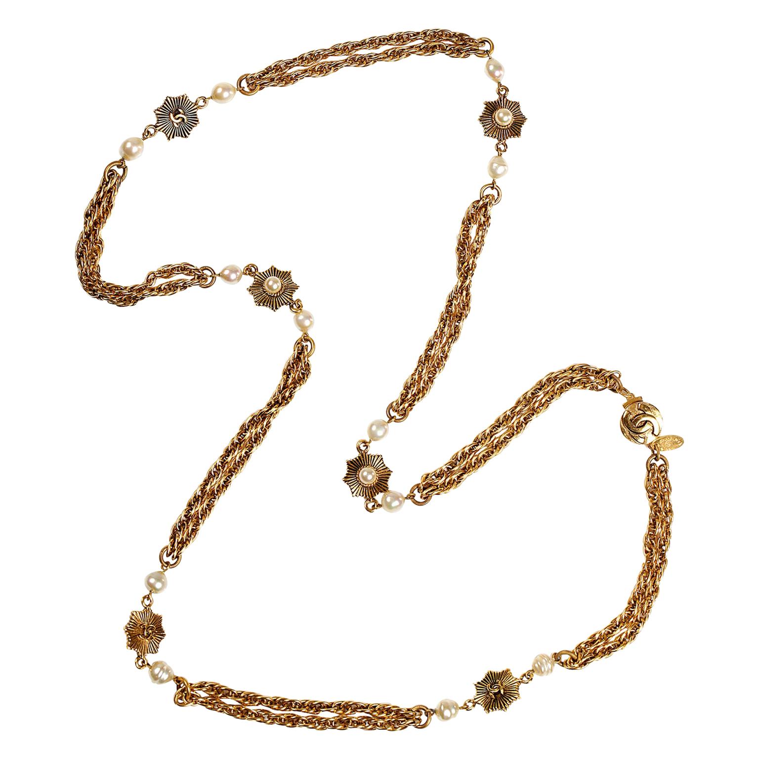 Chanel Gold and Pearl Double Strand Vintage Necklace