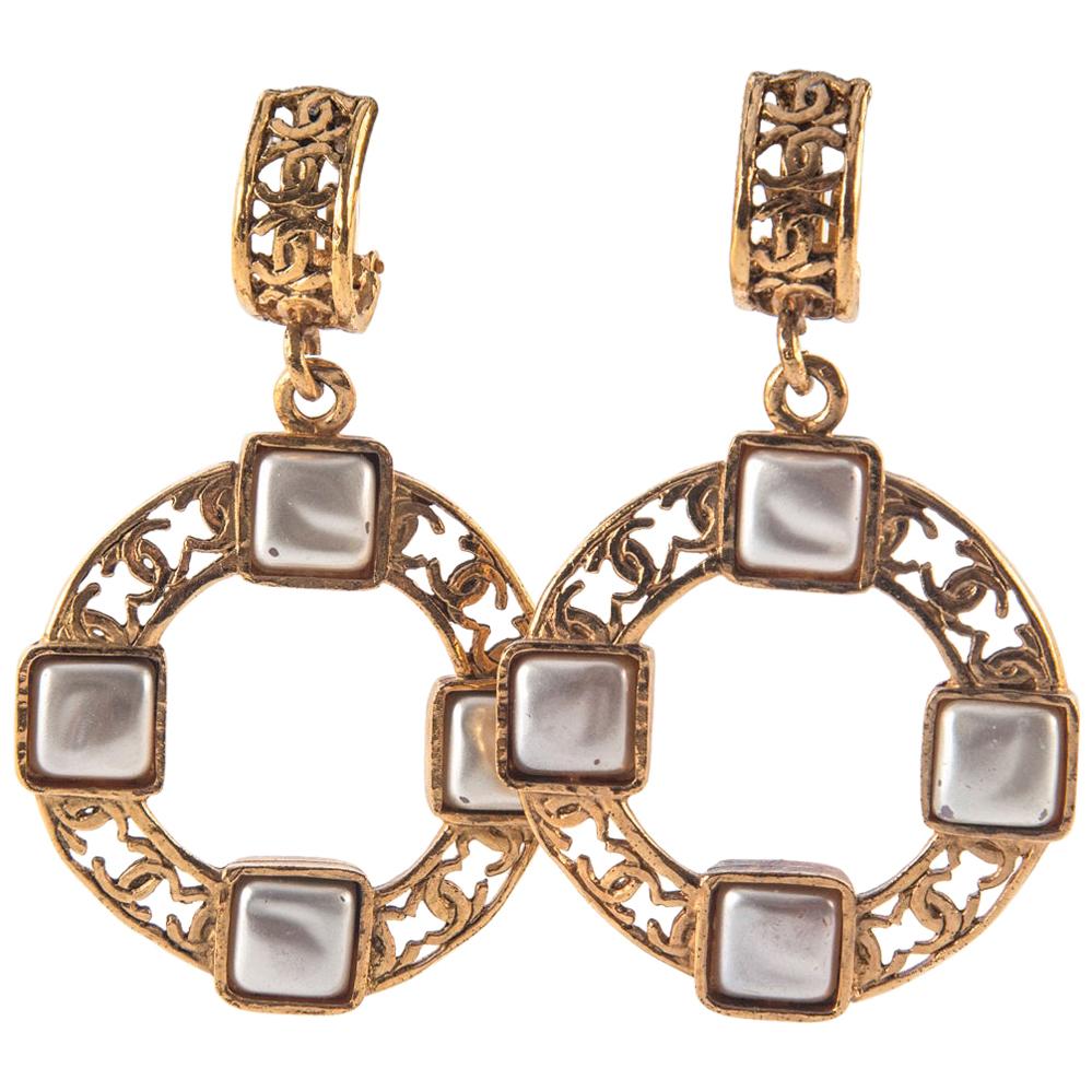 Chanel Gold and Pearl Hoop Earrings