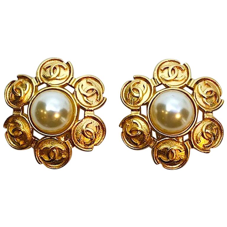 Chanel Gold and Pearl Logo Earrings, 1995 Collection