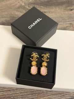 CHANEL Gold and Pink Stone CC Drop Earrings