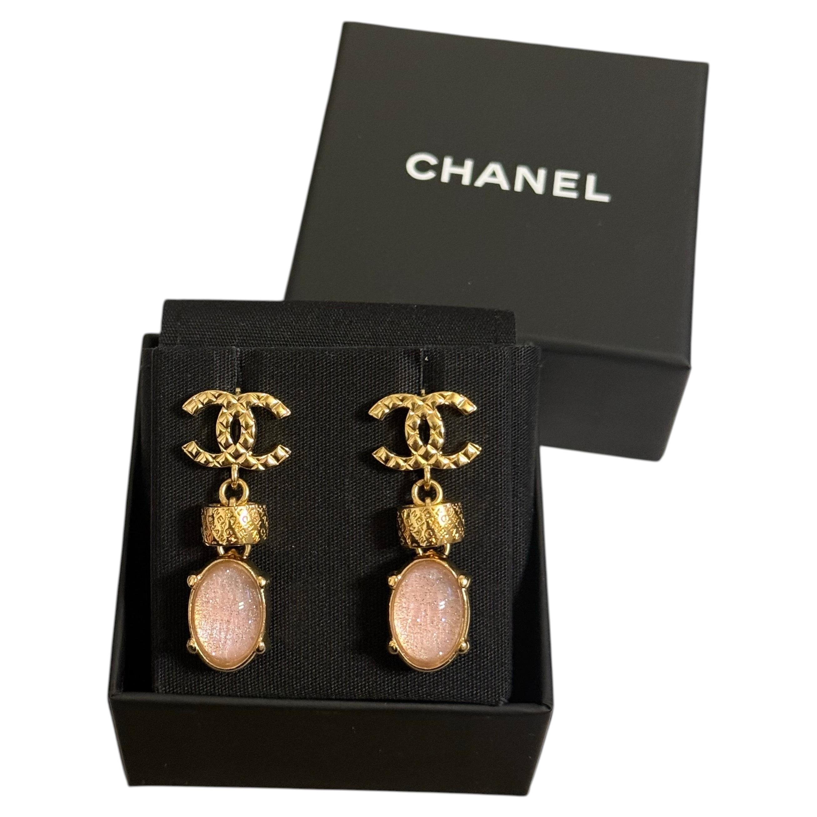 CHANEL Gold and Pink Stone CC Drop Earrings