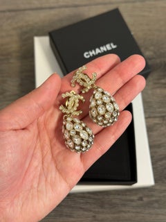 CHANEL Gold and Silver Crystal CC Teardrop Clip On Drop Earrings