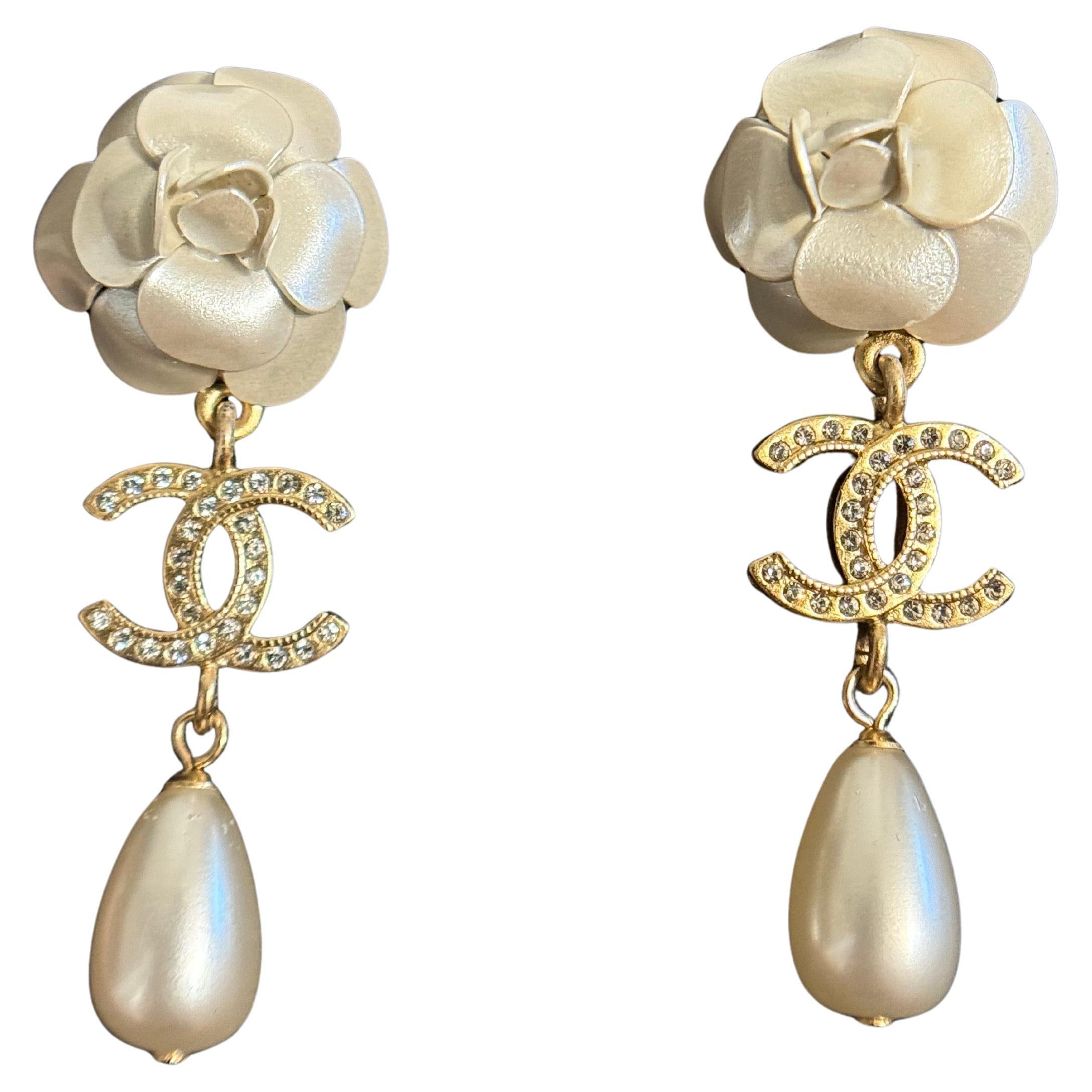 Chanel Gold and White Camellia Flower Crystal CC Pearl Dangle Earrings