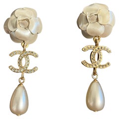 Chanel Gold and White Camellia Flower Crystal CC Pearl Dangle Earrings