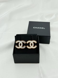 CHANEL Gold and White Enamel Large CC Statement Earrings