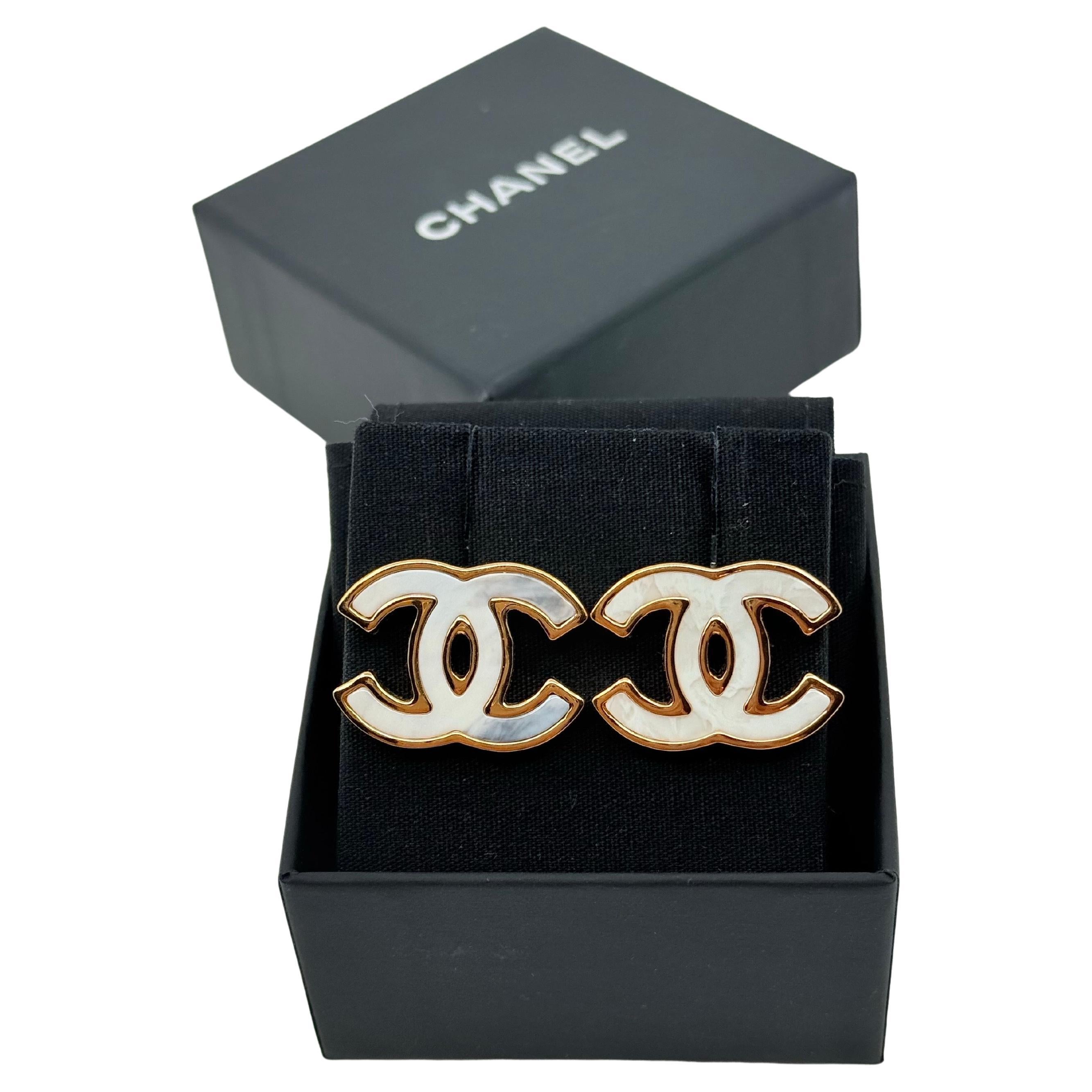 CHANEL Gold and White Enamel Large CC Statement Earrings For Sale