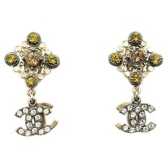 Chanel Gold Argyle Citrus Crystal Overlapped CC Dangle Piercing Earrings
