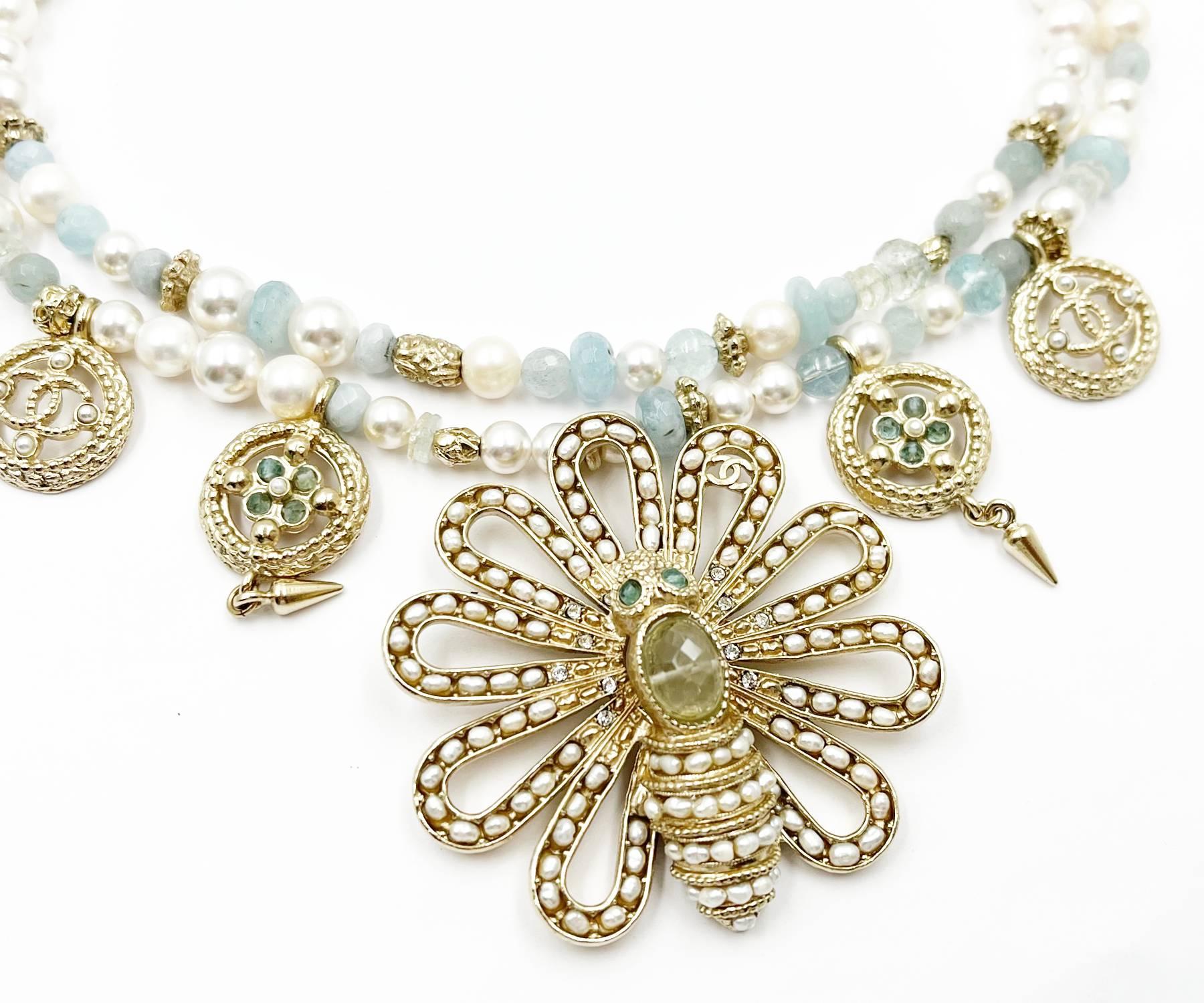 Round Cut Chanel Gold Bee Seed Pearl Pendants 2 Strand Aquamarine Pearl Necklace For Sale