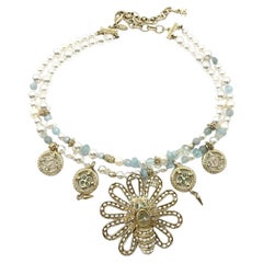 Used Chanel Gold Bee Seed Pearl Pendants 2 Strand Aquamarine Pearl Necklace