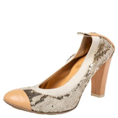 Chanel Gold/ Beige Leather And Sequin CC Pumps Size 35.5