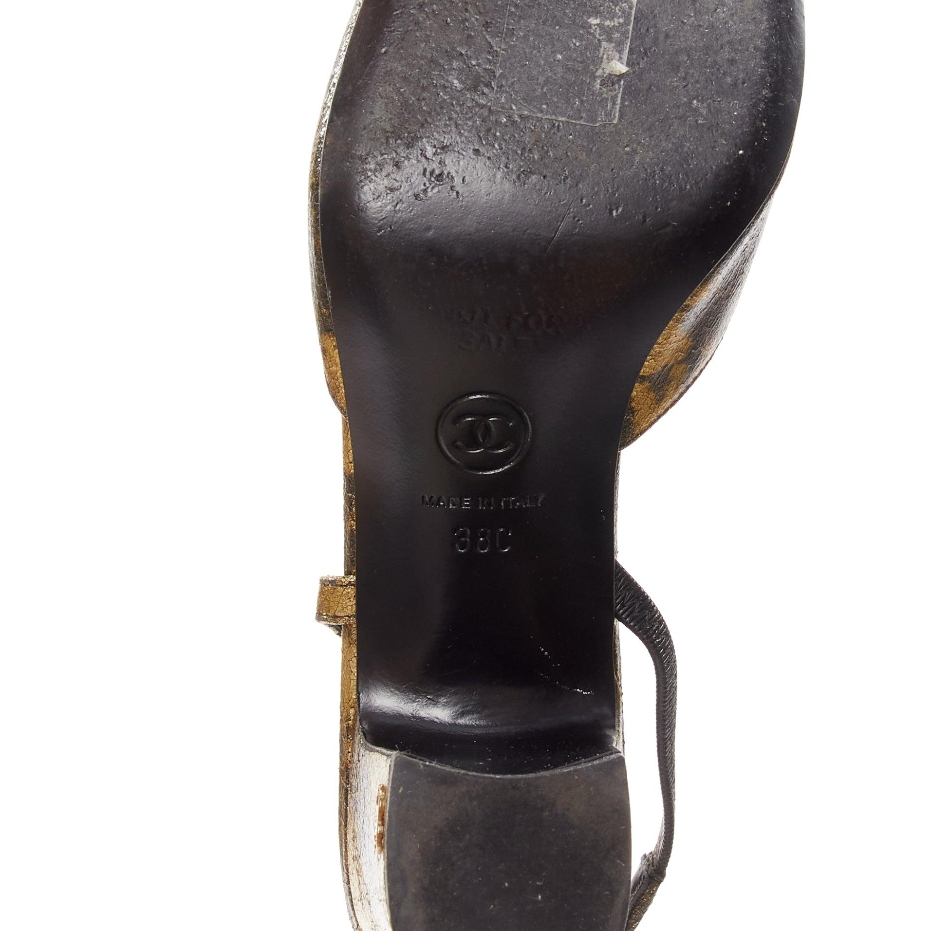 CHANEL gold black calfskinleather CC toe cap sling kitten pumps EU38 5