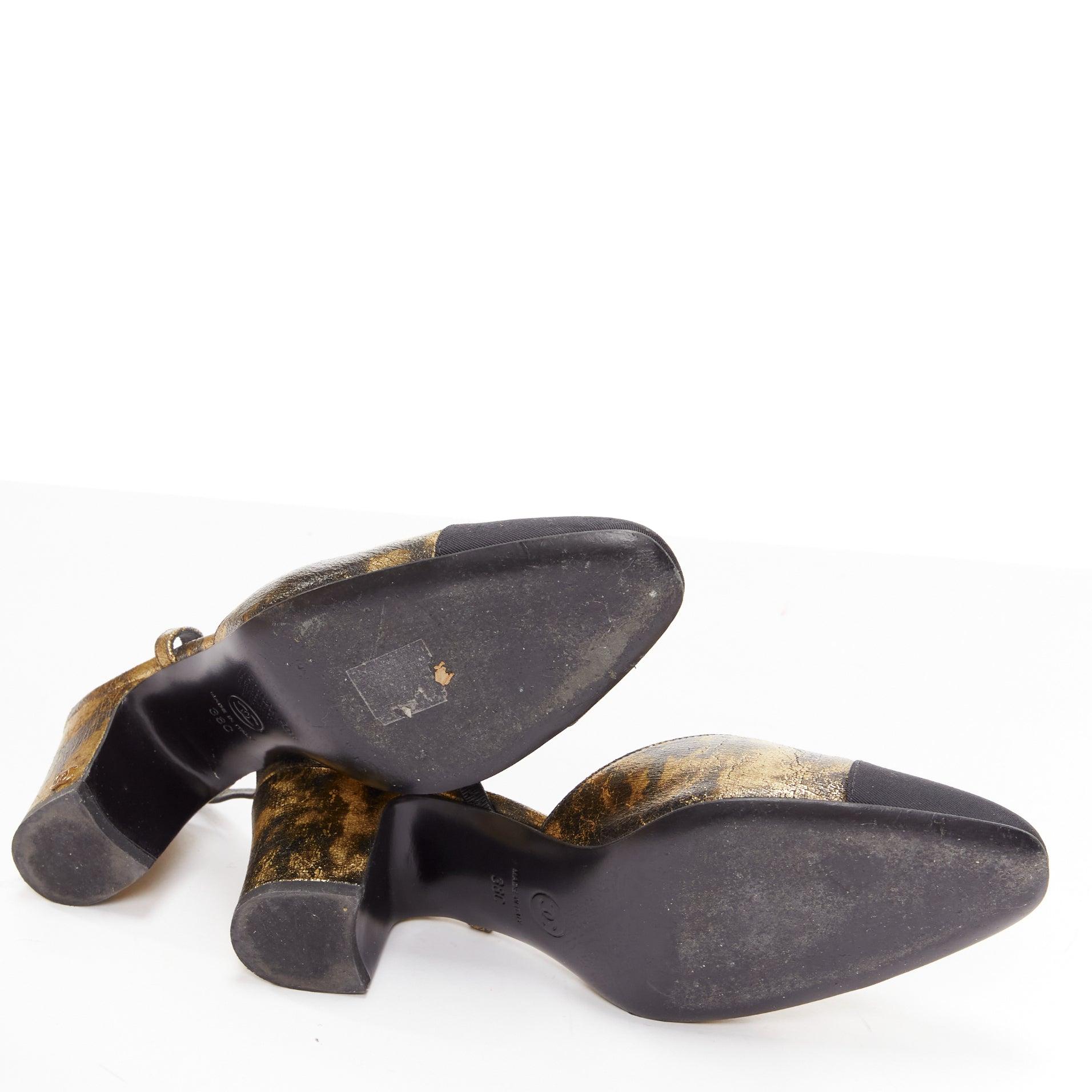 CHANEL gold black calfskinleather CC toe cap sling kitten pumps EU38 6