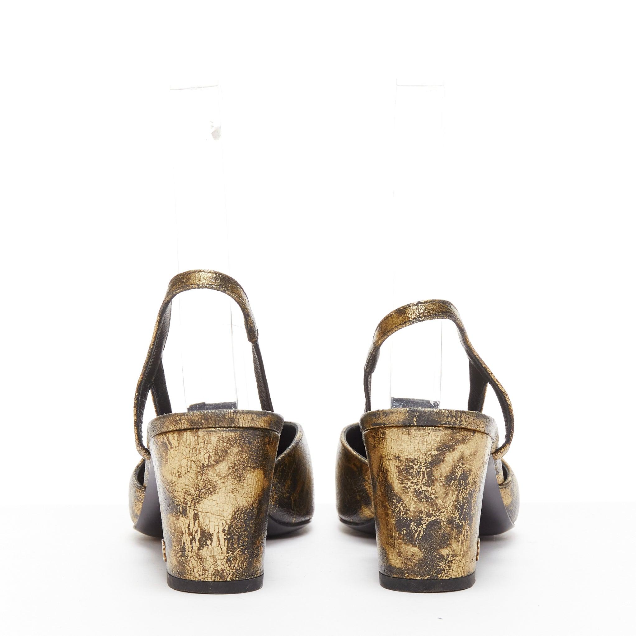 CHANEL gold black calfskinleather CC toe cap sling kitten pumps EU38 For Sale 1