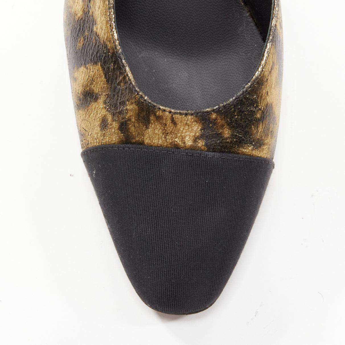 CHANEL gold black calfskinleather CC toe cap sling kitten pumps EU38 For Sale 2