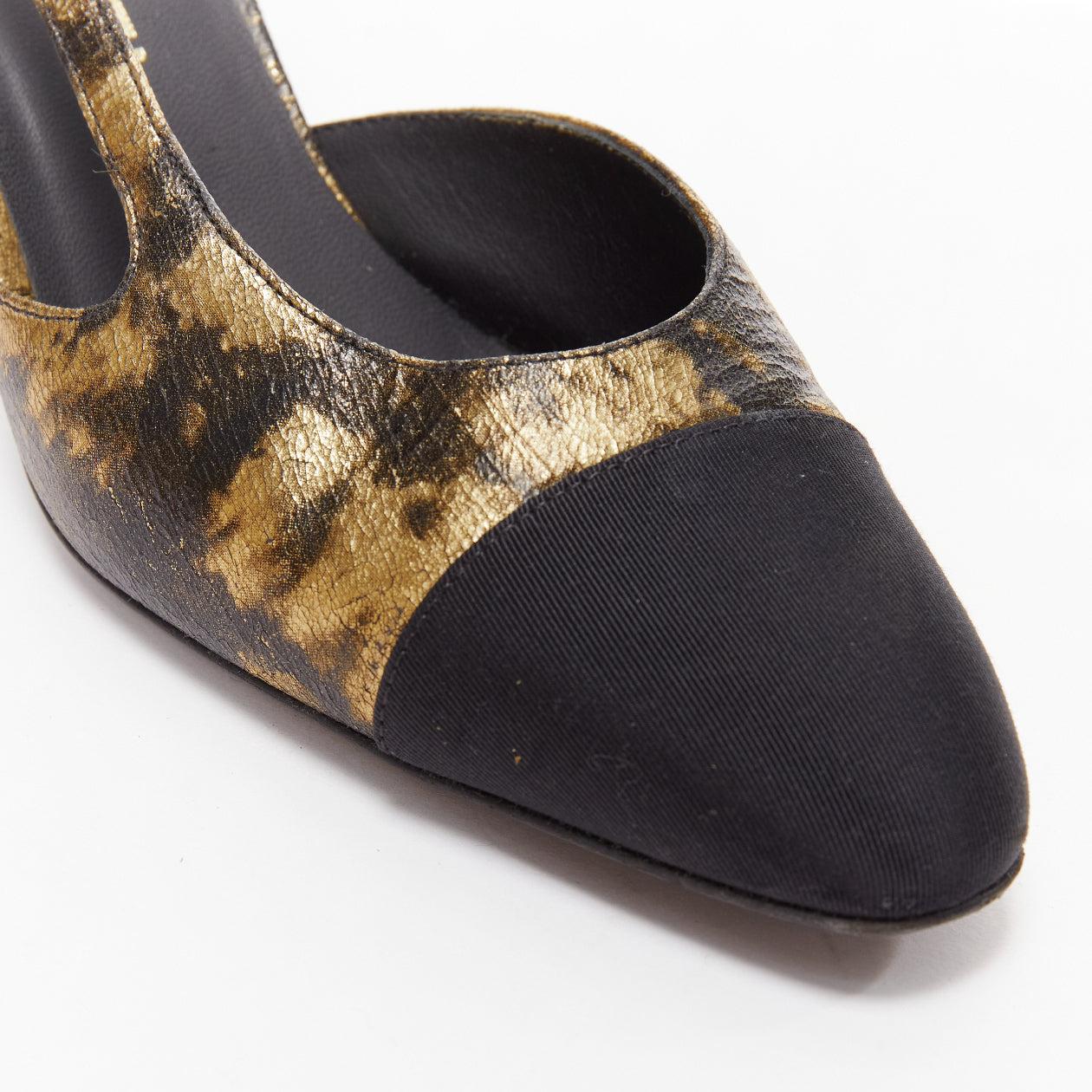 CHANEL gold black calfskinleather CC toe cap sling kitten pumps EU38 2