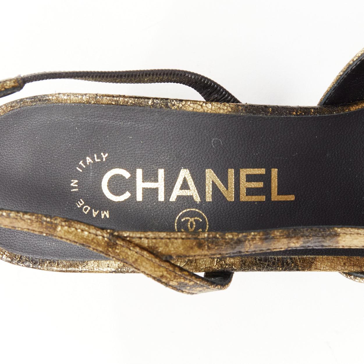 CHANEL gold black calfskinleather CC toe cap sling kitten pumps EU38 4