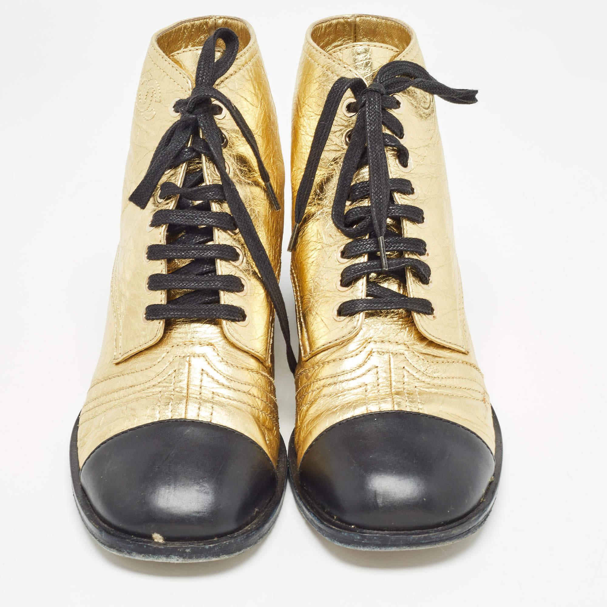 Beige Chanel Gold/Black Crackled Leather Ankle Boots Size 40.5