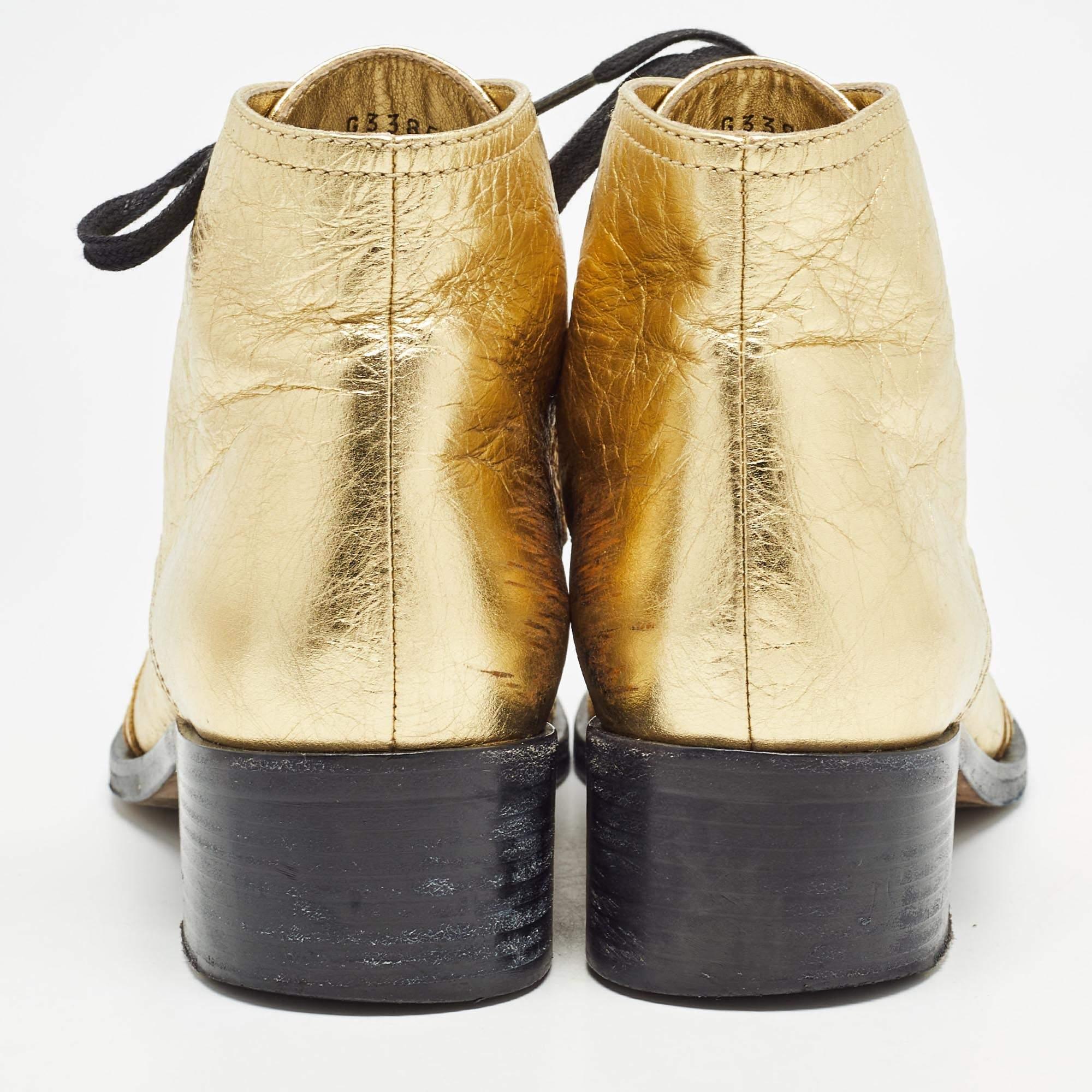 Women's Chanel Gold/Black Crackled Leather Ankle Boots Size 40.5