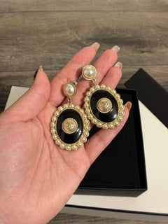 CHANEL Gold Black Enamel Faux Pearl CC Dangle Earrings