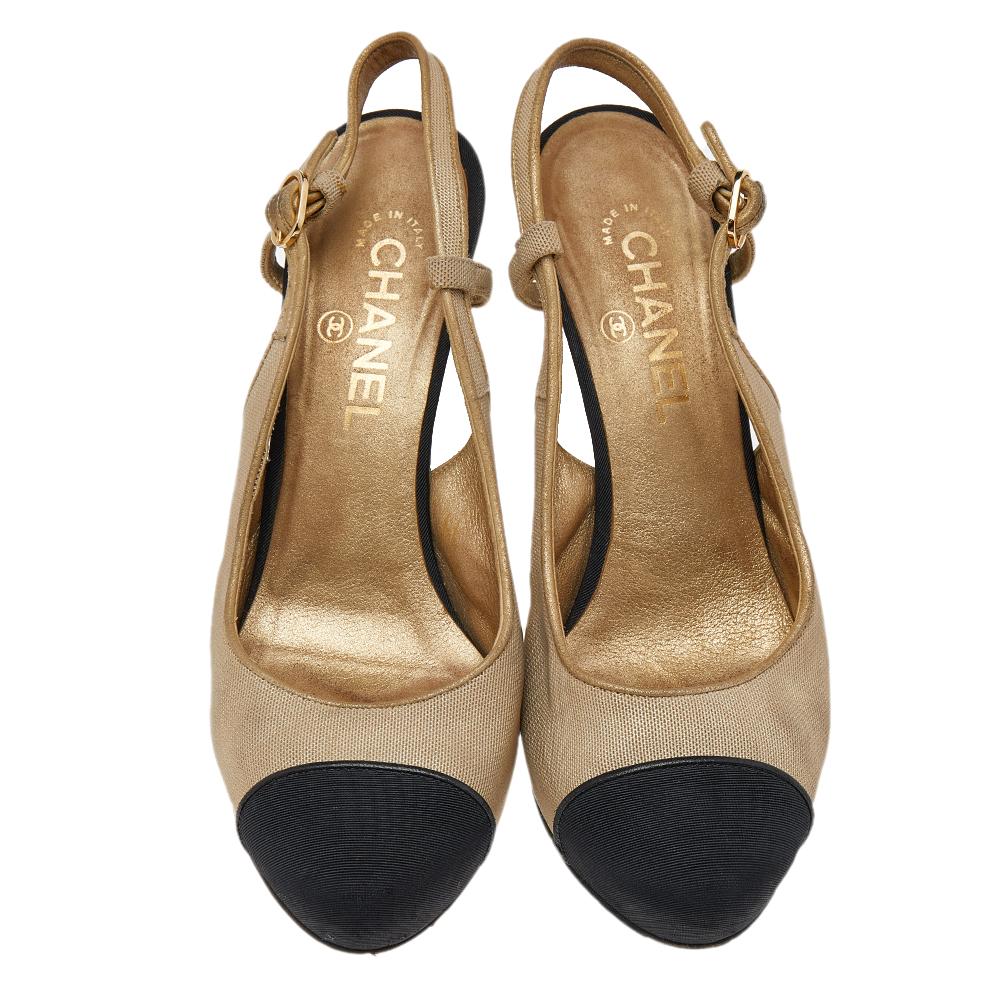 Women's Chanel Gold/Black Fabric CC Slingback Sandals Size 39.5