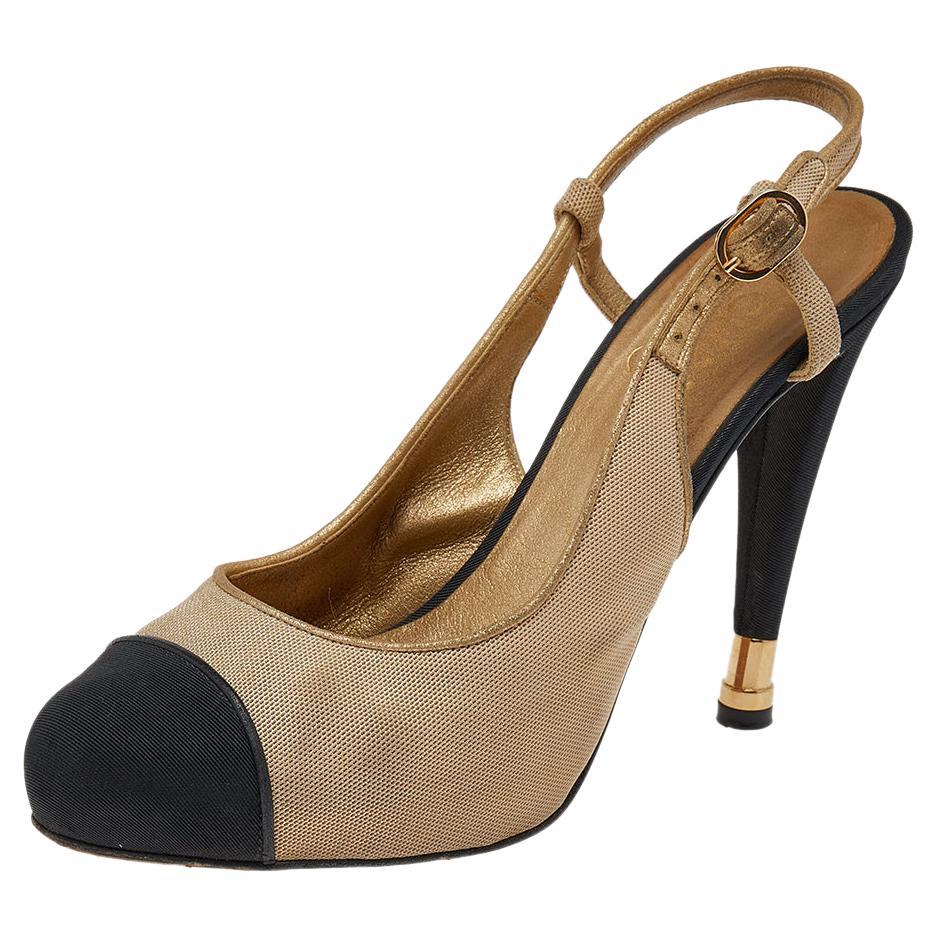 Chanel Gold/Black Fabric CC Slingback Sandals Size 39.5