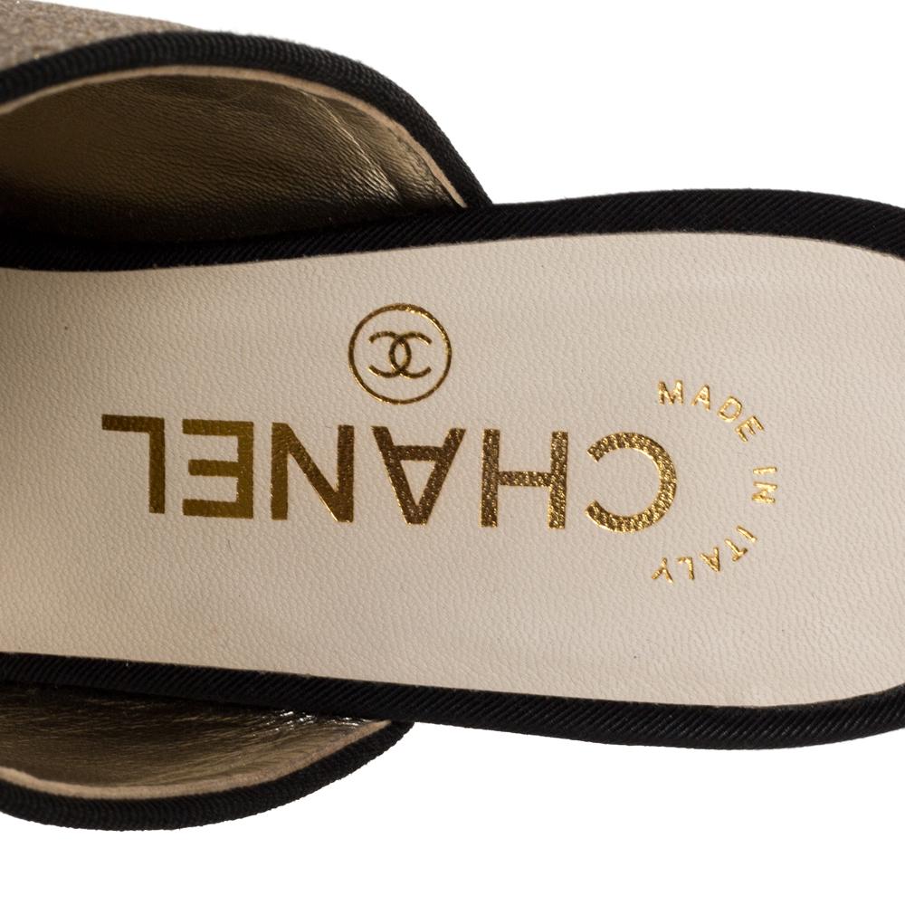 Beige Chanel Gold/Black Glitter Leather CC Cap Toe Mules Size 38C