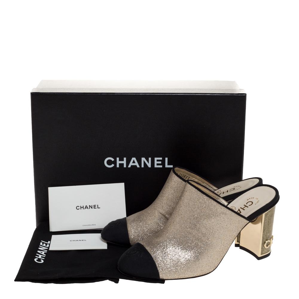 Women's Chanel Gold/Black Glitter Leather CC Cap Toe Mules Size 38C