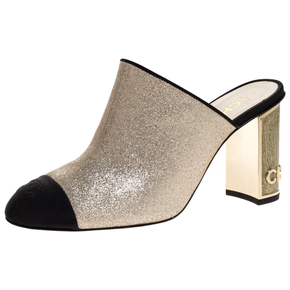 Chanel Gold/Black Glitter Leather CC Cap Toe Mules Size 38C