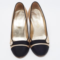 Chanel Gold/Black Glitter Suede and Fabric CC Pearl Cap Toe Pumps Size 35.5