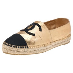 Chanel Gold/Black Leather And Canvas CC Cap Toe Flat Espadrille Size 40