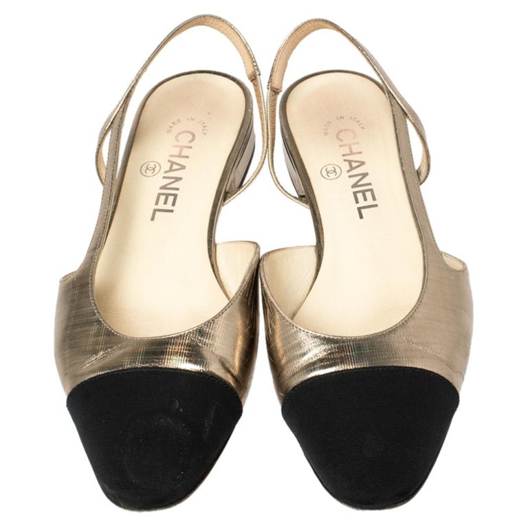 Chanel Gold/Black Leather And Canvas CC Slingback Flats Size 38 at