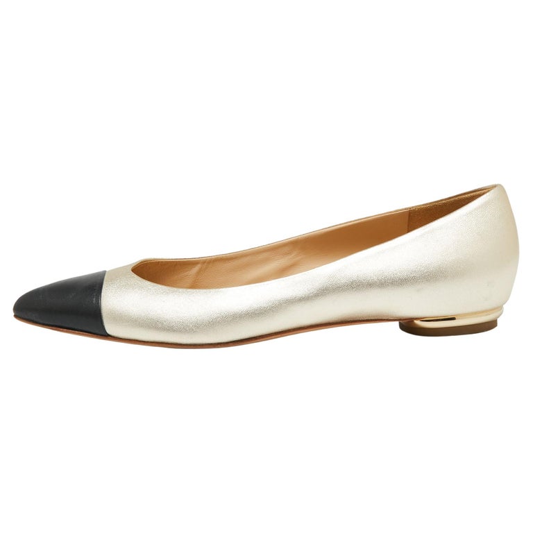 Chanel Gold/Black Leather CC Cap Toe Ballet Flats Size 39 at 1stDibs