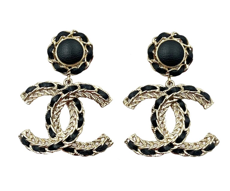 Chanel Gold Black Leather CC Dangle Reissued Piercing Earrings at 1stDibs