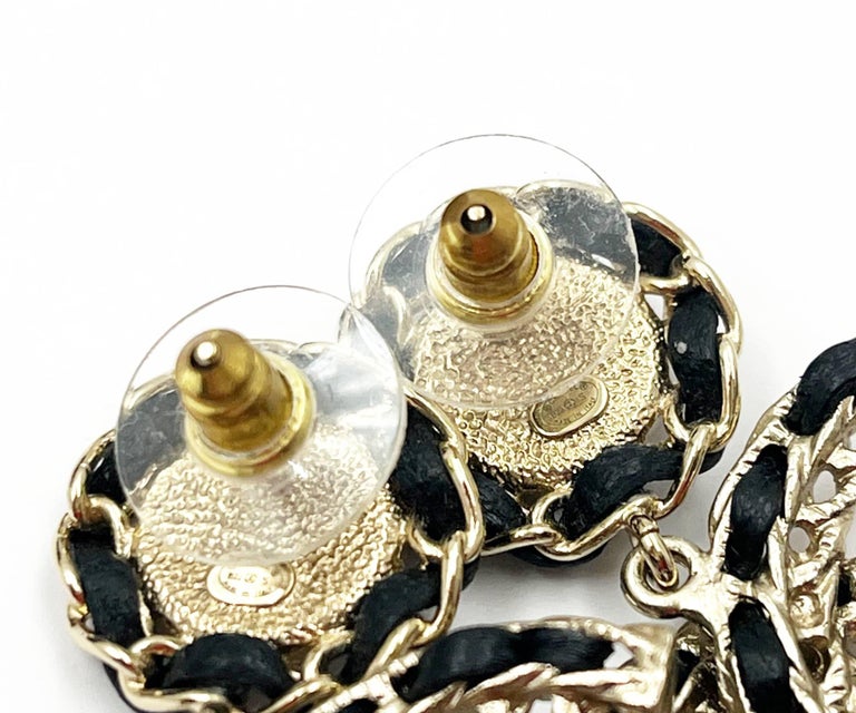 Chanel Gold Black Leather CC Dangle Reissued Piercing Earrings