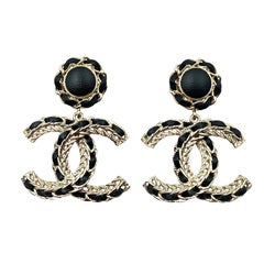 Chanel Gold Black Leather CC Dangle Reissued Piercing Earrings