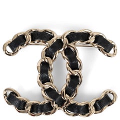 CHANEL gold & black leather REV CC INTERWOVEN CHAIN Brooch
