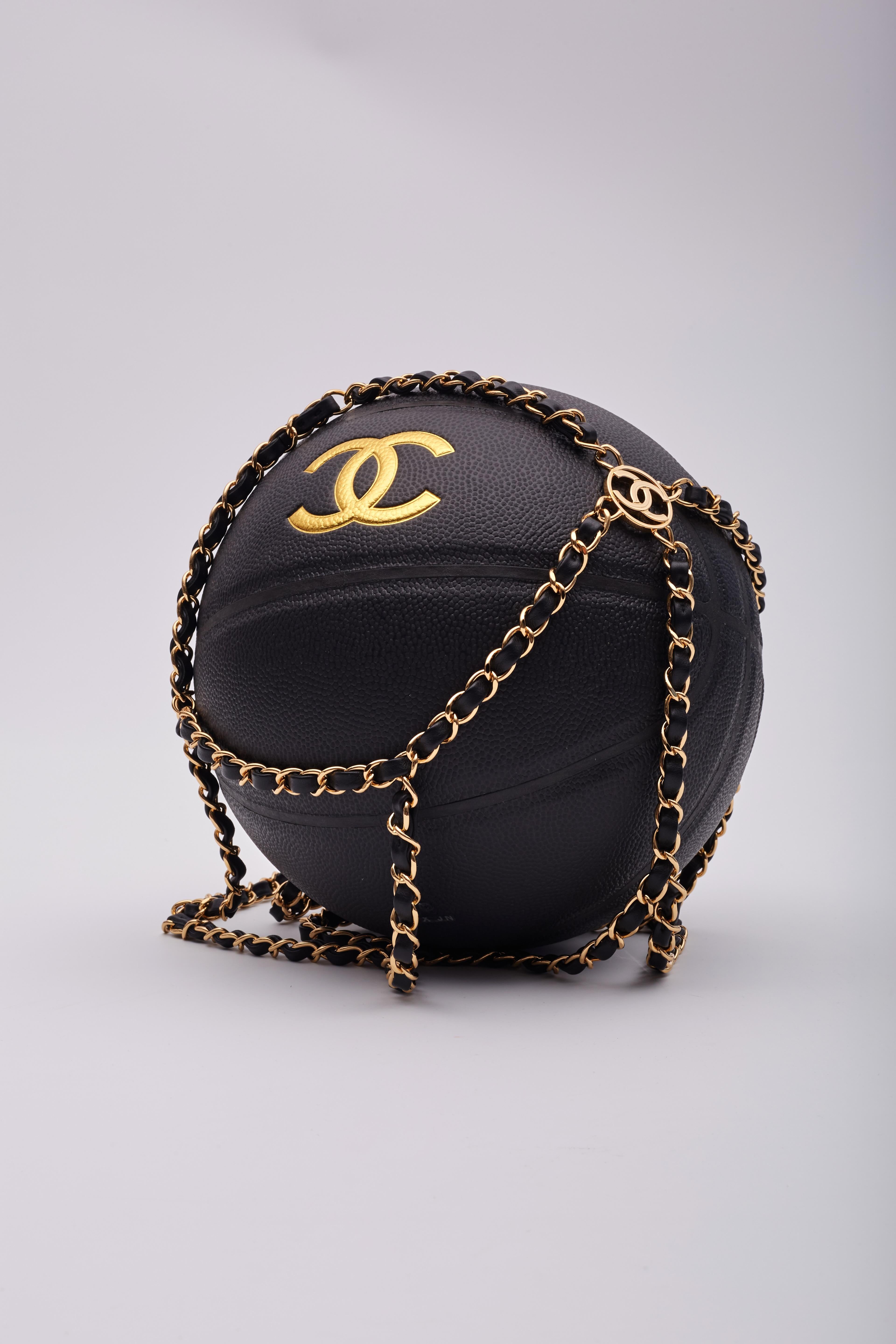Women's or Men's Chanel Gold Black Rubber Calfskin Chain Net Basketball Minaudiere Bag For Sale
