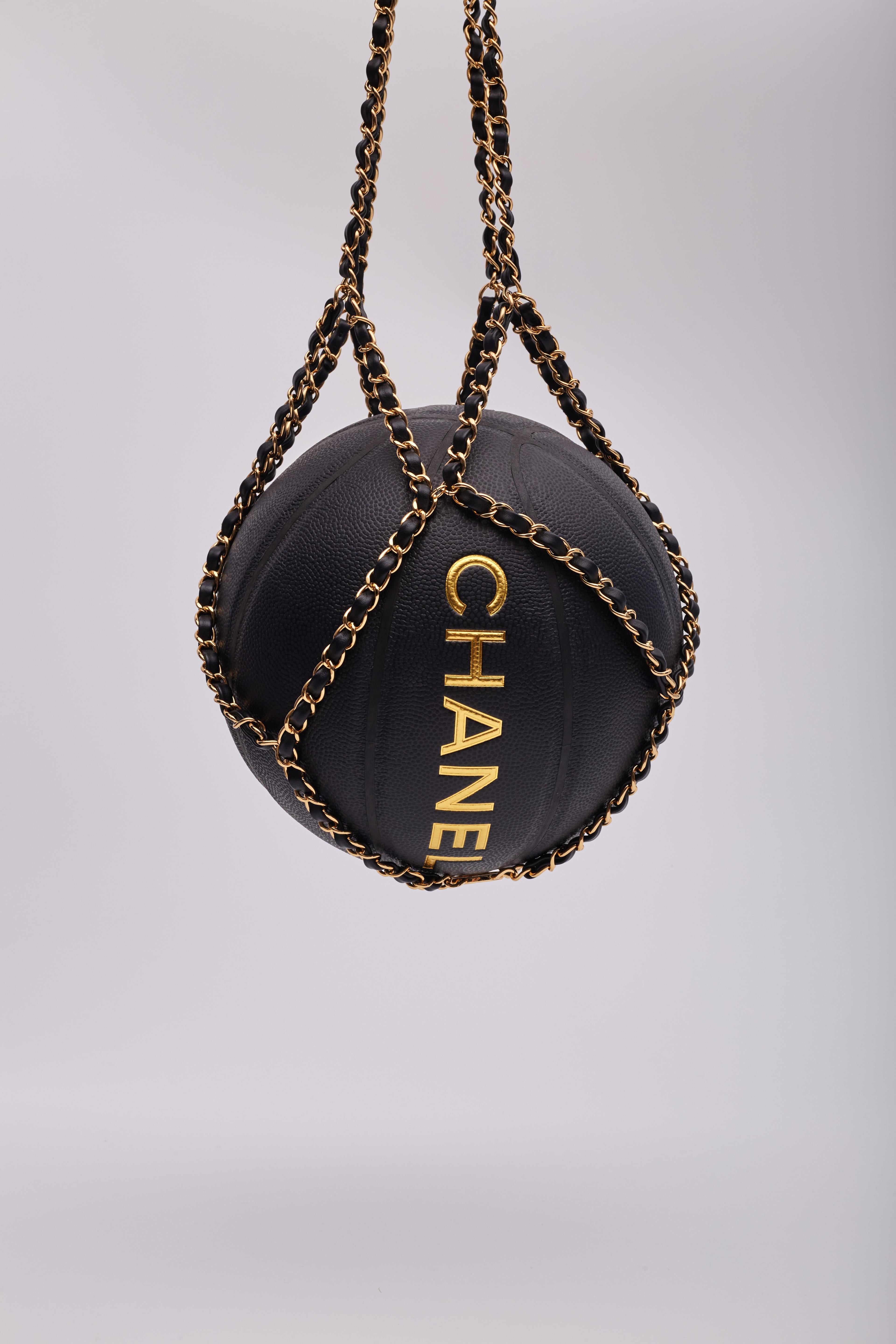 Chanel Gold Black Rubber Calfskin Chain Net Basketball Minaudiere Bag For Sale 2