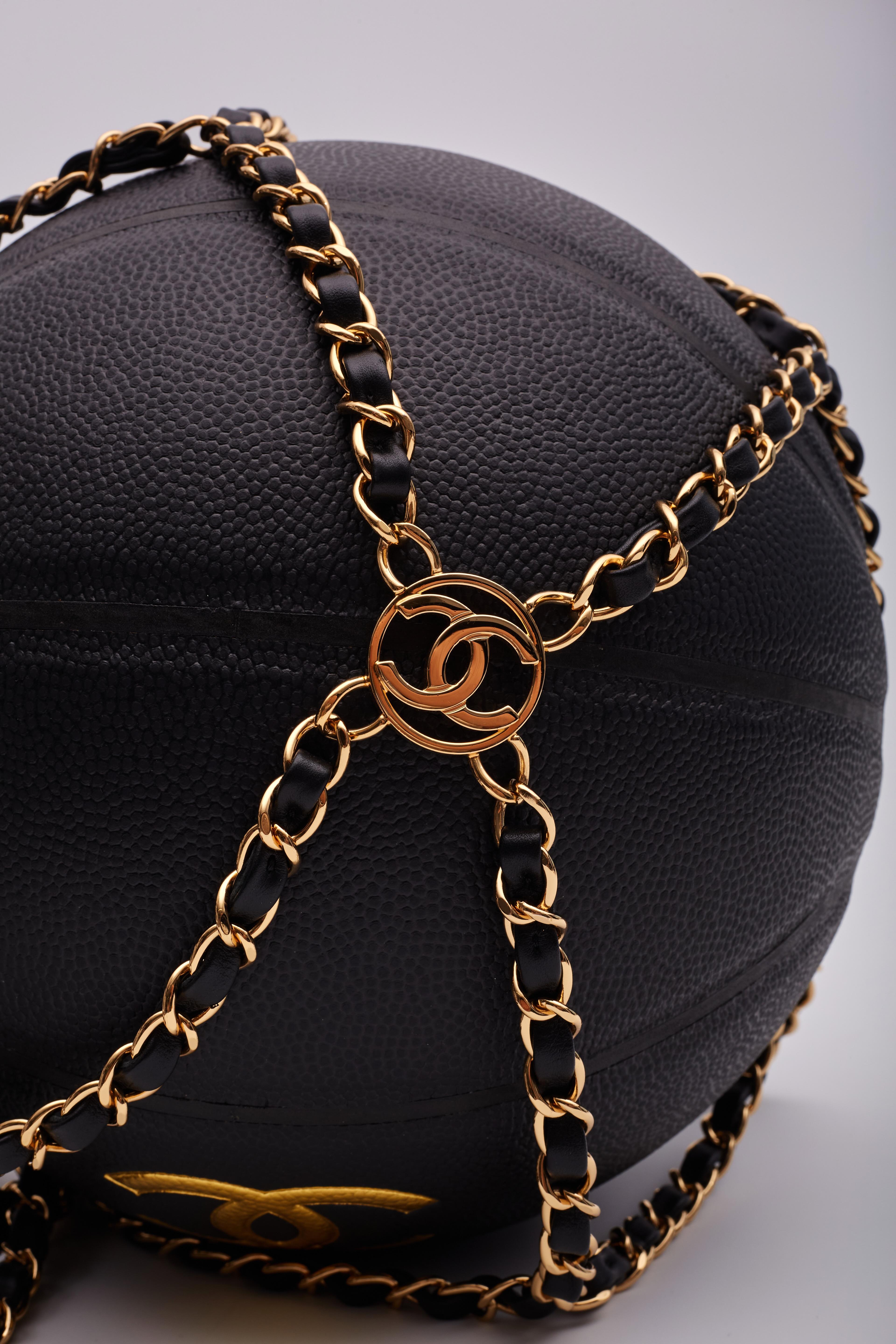 Chanel Gold Black Rubber Calfskin Chain Net Basketball Minaudiere Bag For Sale 4